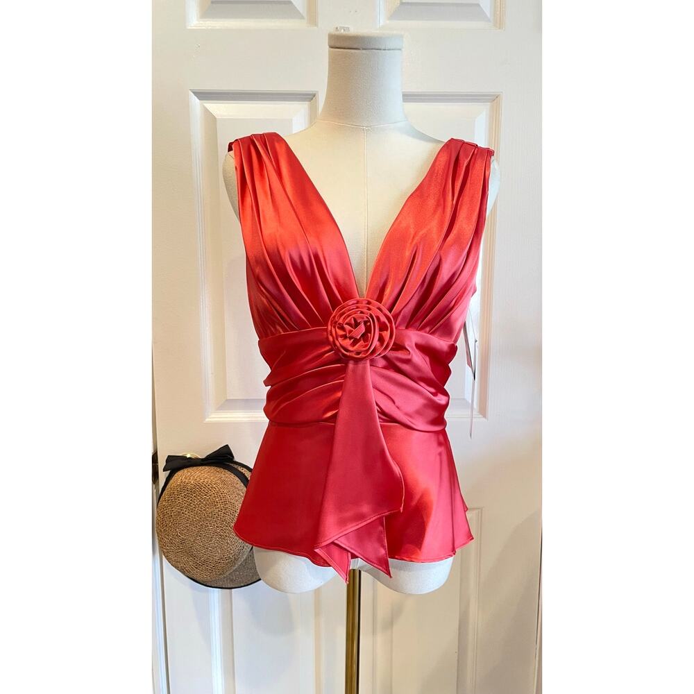 NWT Eliza J Coral Satin V-Neck Ruched Top Evening Wear Coquette Size 6